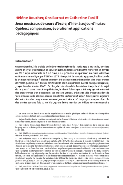 Jeux musicaux de cours d'école, d'hier à aujourd'hui au Québec : comparaison, évolution et applications pédagogiques