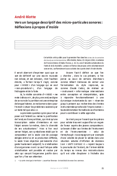 Vers un langage descriptif des micro-particules sonores : Réflexions à propos d'Inside