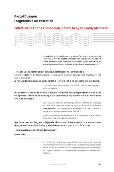 Pascal Dusapin, fragments d'un entretien