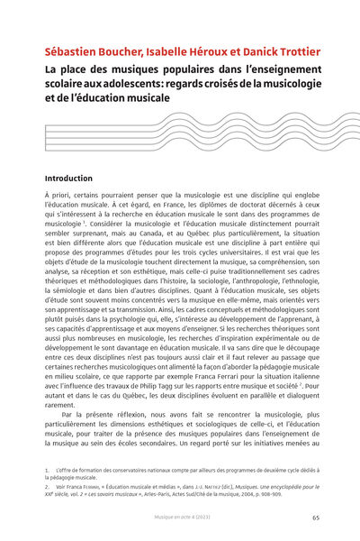 La place des musiques populaires dans l’enseignement scolaire aux adolescents : regards croisé de la musicologie et de l’éducation musicale