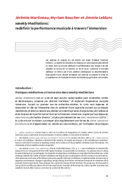 Weekly Meditations : redéfinir la performance musicale à travers l’immersion