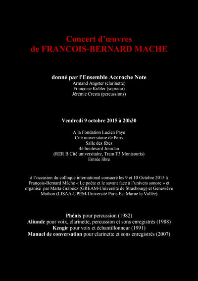 Concert sur des œuvres de François-Bernard Mâche par l'Ensemble Accroche Note