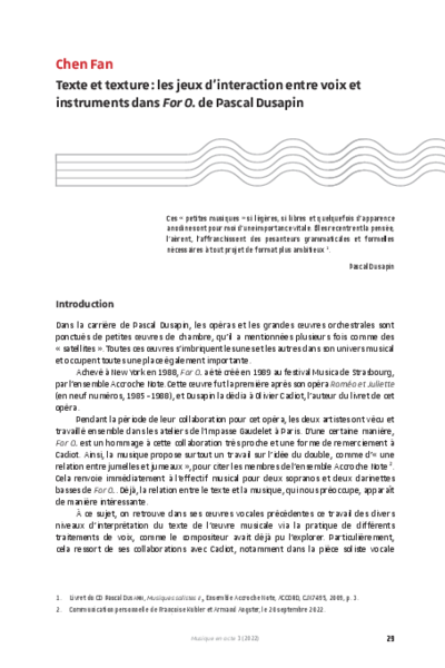 Texte et texture : les jeux d'interaction entre voix et instruments dans For O. de Pascal Dusapin